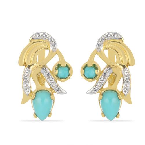 1.32 CT NATURAL BLUE TURQUOISE GOLD PLATED SILVER EARRINGS #VE033215